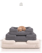 Mitodo Kumo Bed + Sora Stairs Set: Kumo orthopaedic beds in Cream and Charcoal Gray with Brownie, our 4kg Miniature Poodle