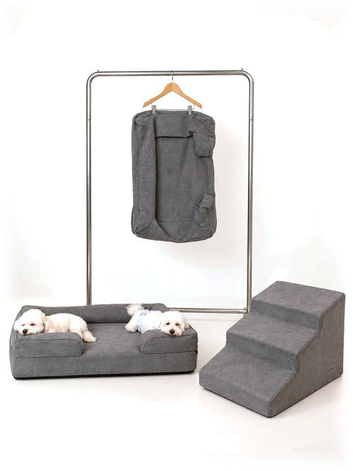The Mitodo Complete Set in Charcoal Gray: Mitodo Kumo bed with two dogs, Sora stairs, and the spare cover on a hanger