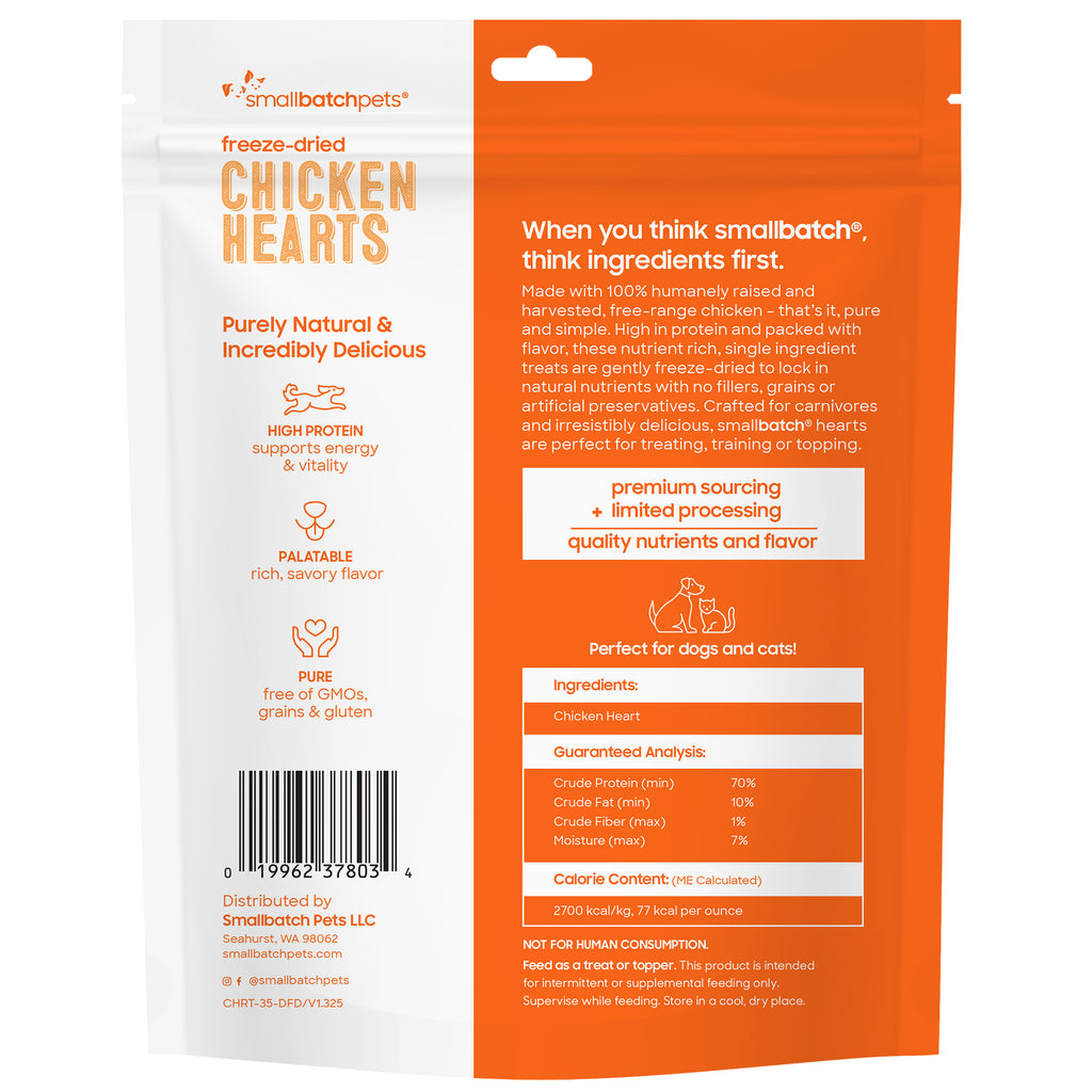 Small Batch Chicken Heart Treats, back of pack with ingredients and guaranteed analysis