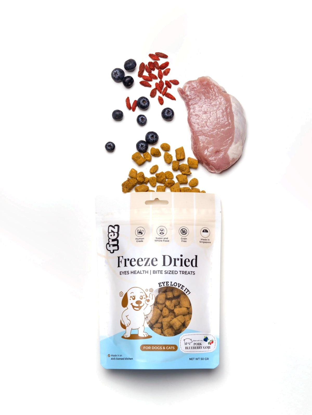 Frez Pork & Blueberry: freeze-dried pork treats with blueberries and goji berries (Eyes Health)