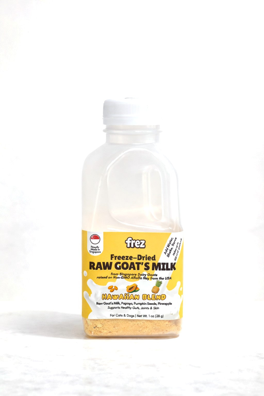 Frez freeze-dried raw goat's milk, Hawaiian Blend with papaya and pineapple