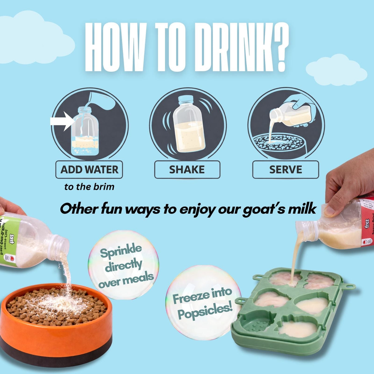 How to serve Frez goat's milk: add water, shake and serve