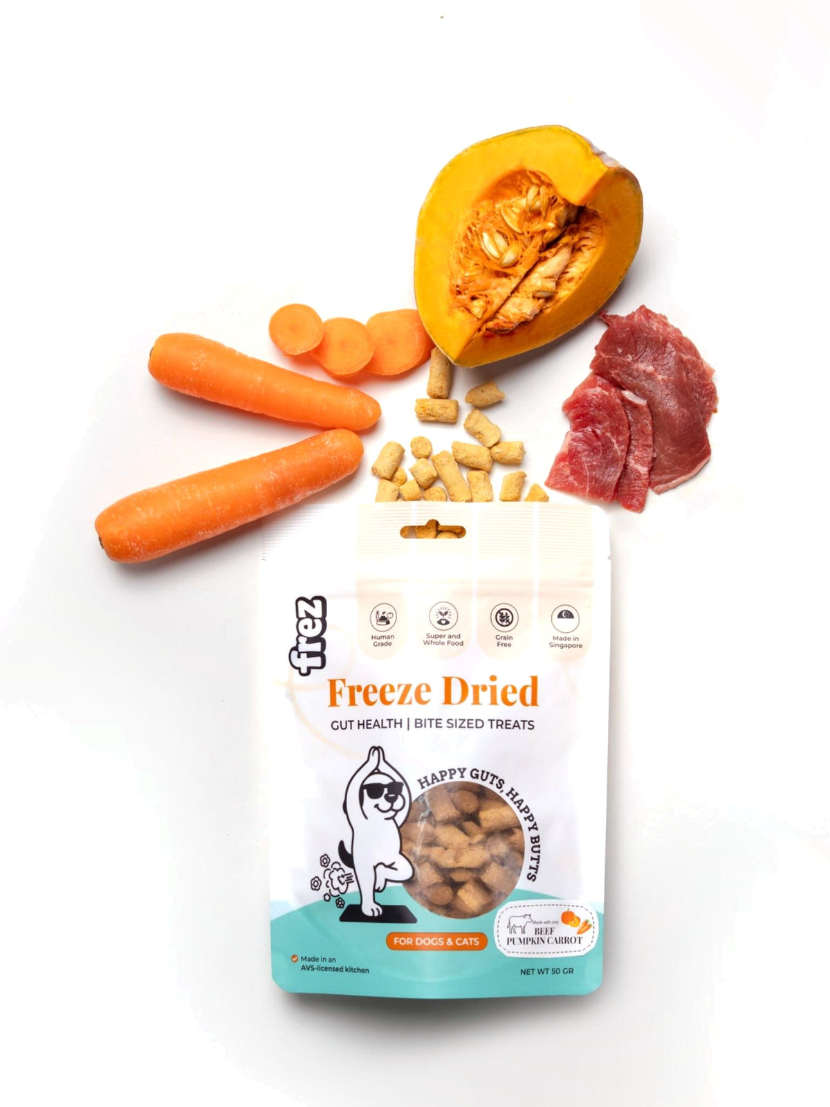 Frez Beef & Pumpkin: freeze-dried beef treats with pumpkin and carrot (Guts Health)