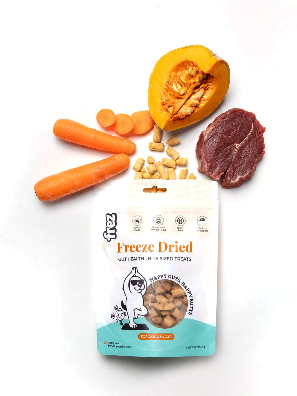Frez Guts Health freeze-dried treats with pumpkin, carrot and meat