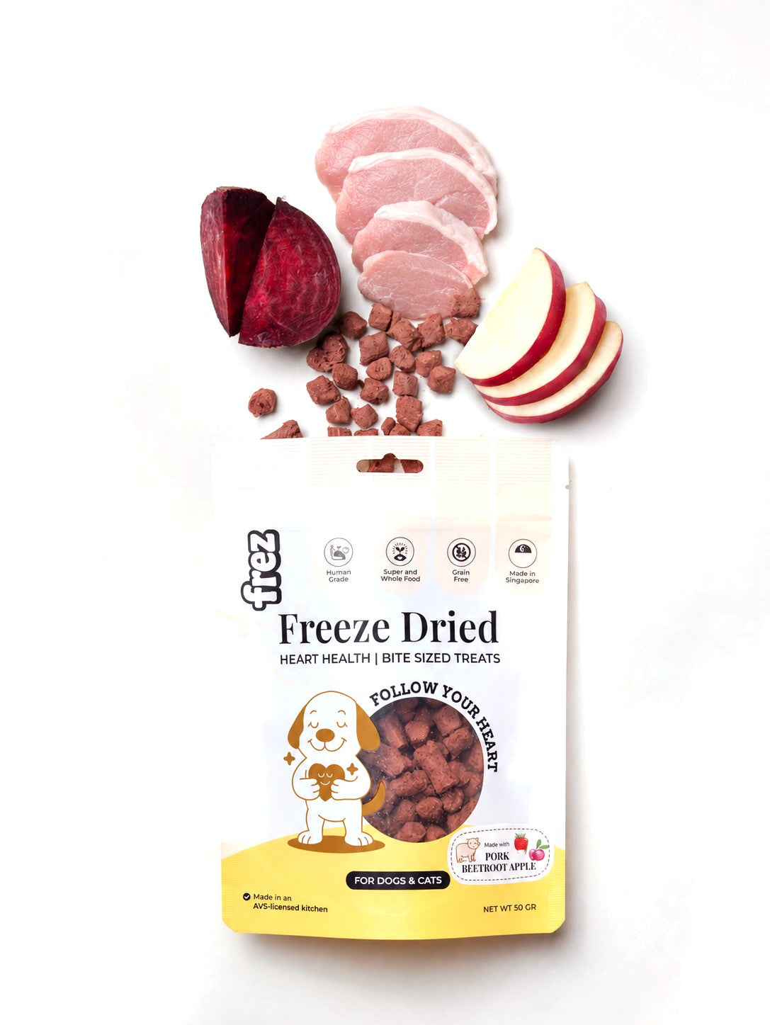 Frez Pork & Beetroot: freeze-dried pork treats with beetroot and apple (Heart Health)