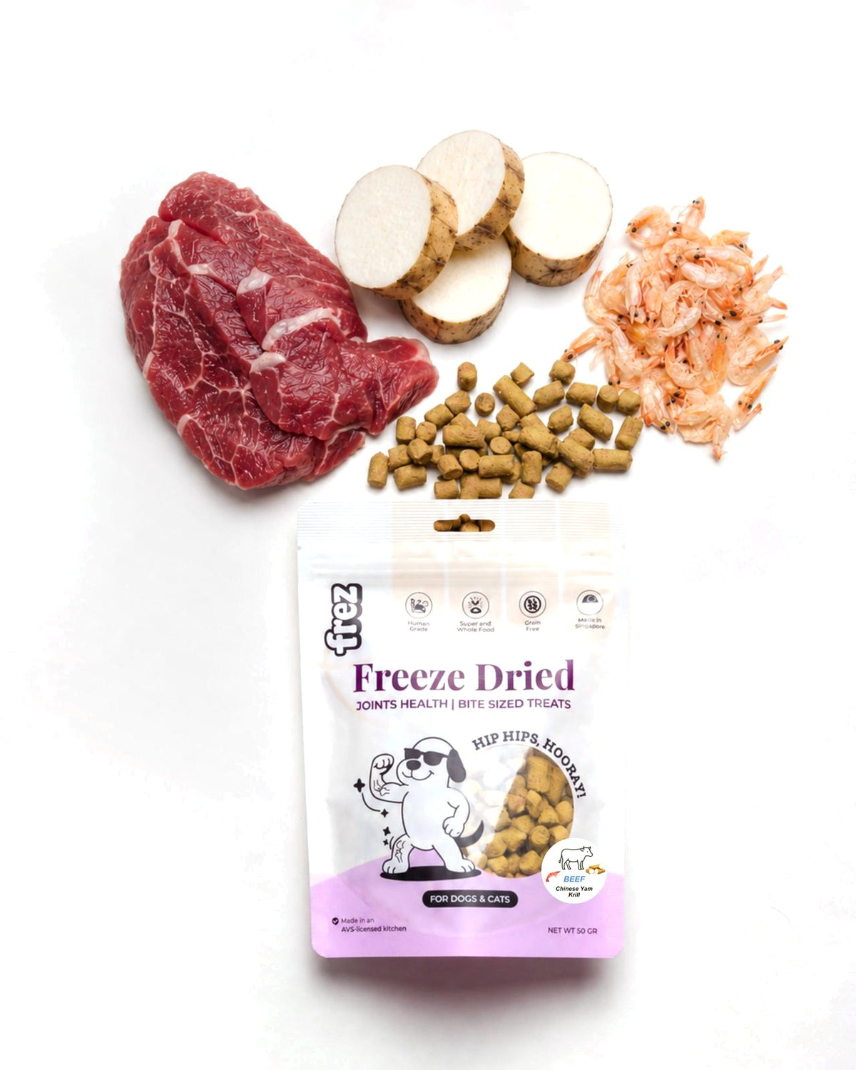 Frez Joints Health Beef & Krill: freeze-dried beef treats with Chinese yam and krill