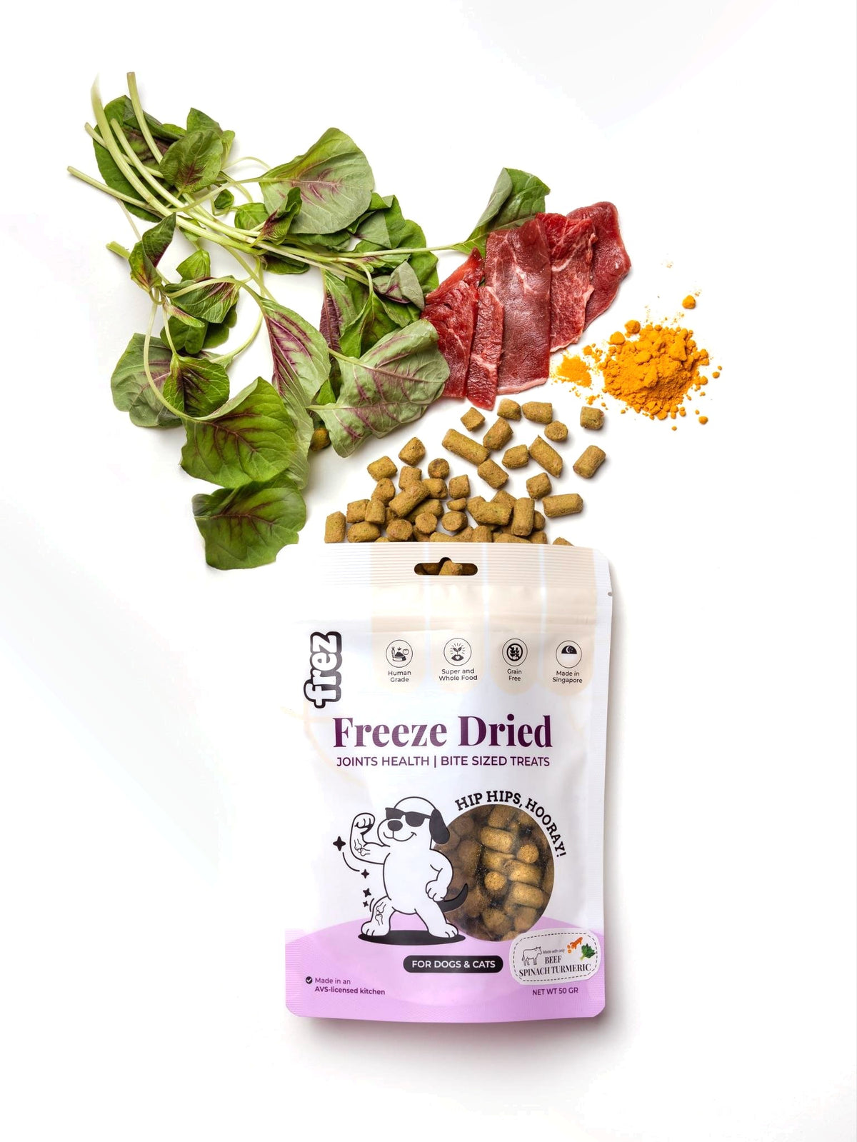 Frez Joints Health Beef & Turmeric: freeze-dried beef treats with spinach and turmeric