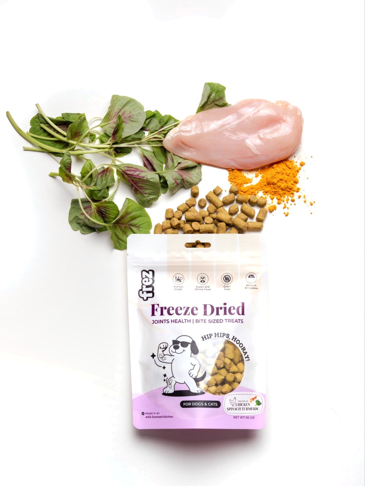 Frez Joints Health Chicken & Turmeric: freeze-dried chicken treats with spinach and turmeric