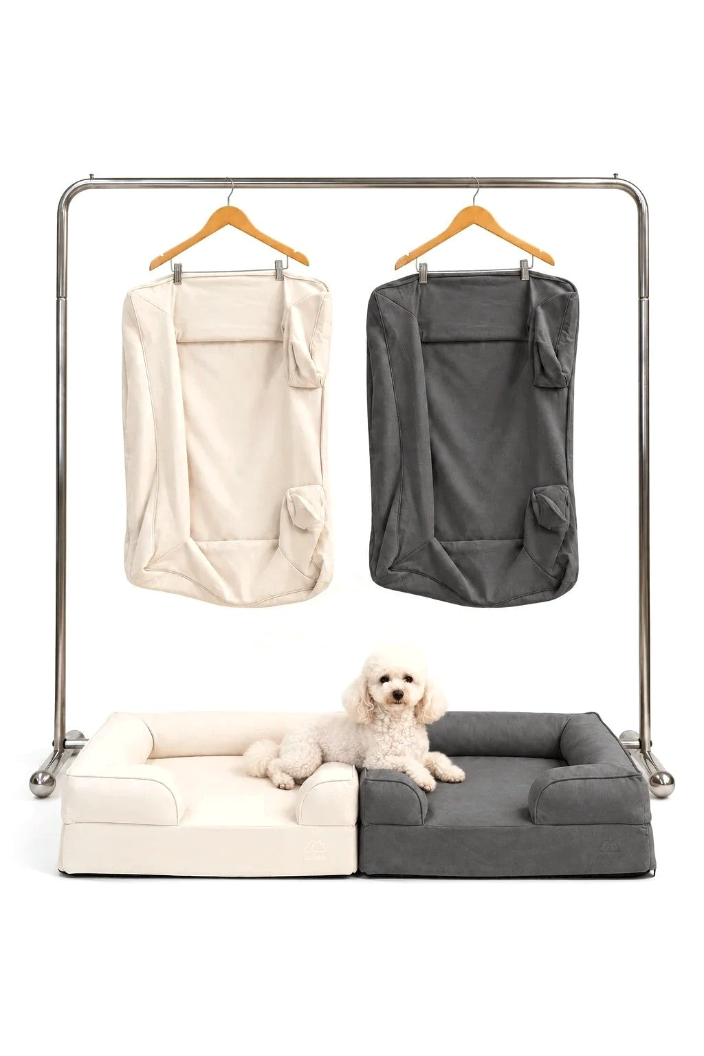 Mitodo Kumo Bed + Spare Cover Set in both colours: two Kumo beds side by side with matching spare covers hanging on a rail, and a white poodle lying across the beds