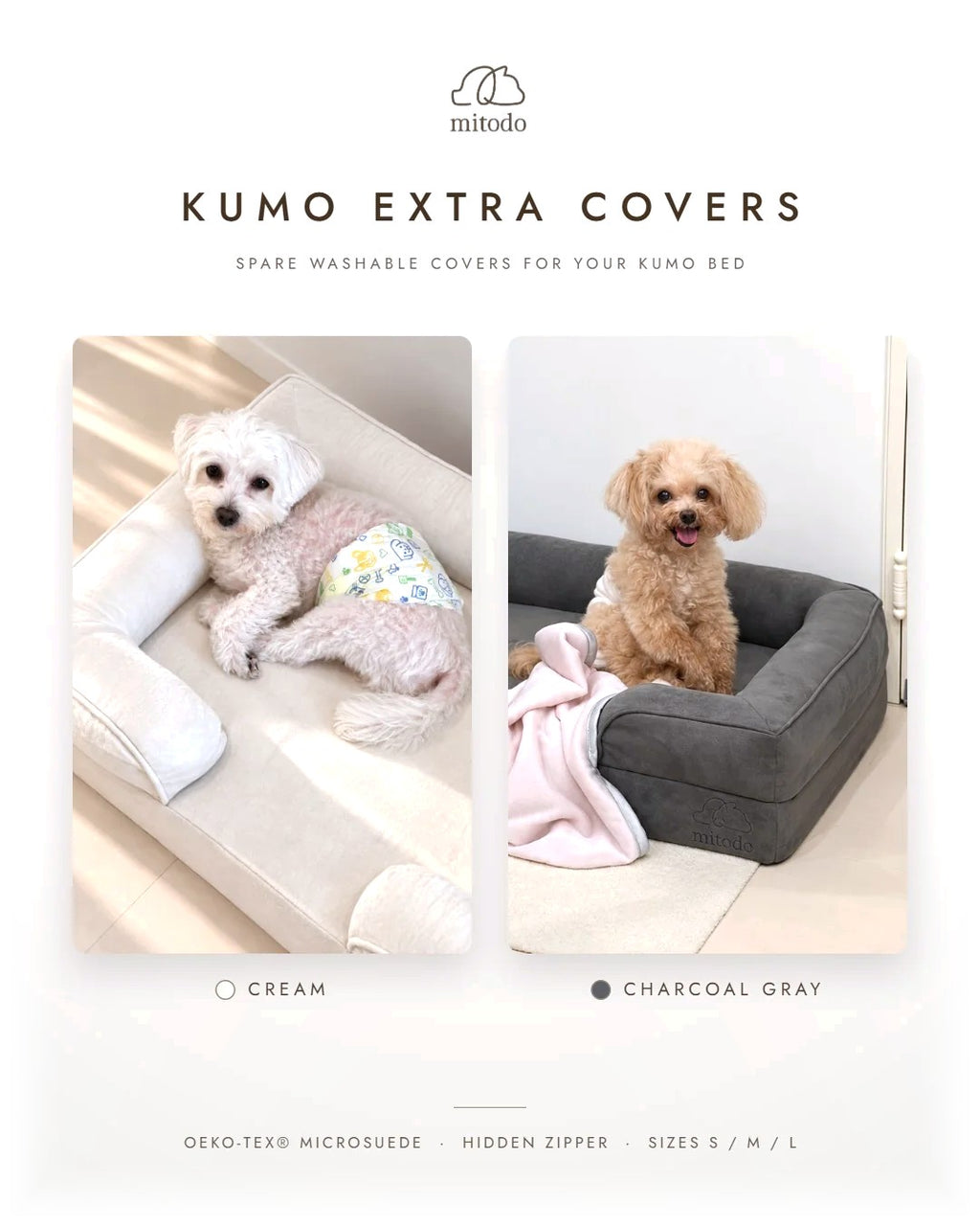 Mitodo Kumo Bed Extra Covers in both colours, shown on Kumo orthopaedic dog beds