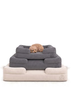 Mitodo Kumo orthopaedic pet beds in Charcoal Gray and Cream, stacked, with Brownie, our 4kg Miniature Poodle, resting on top