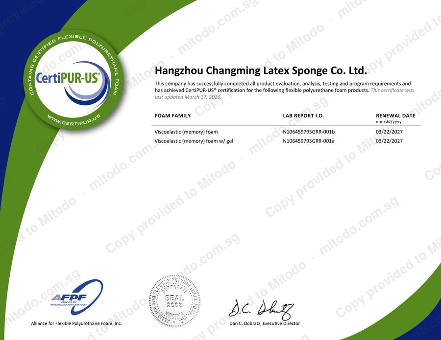 CertiPUR-US certificate for the Kumo bed's memory foam (copy provided to Mitodo)
