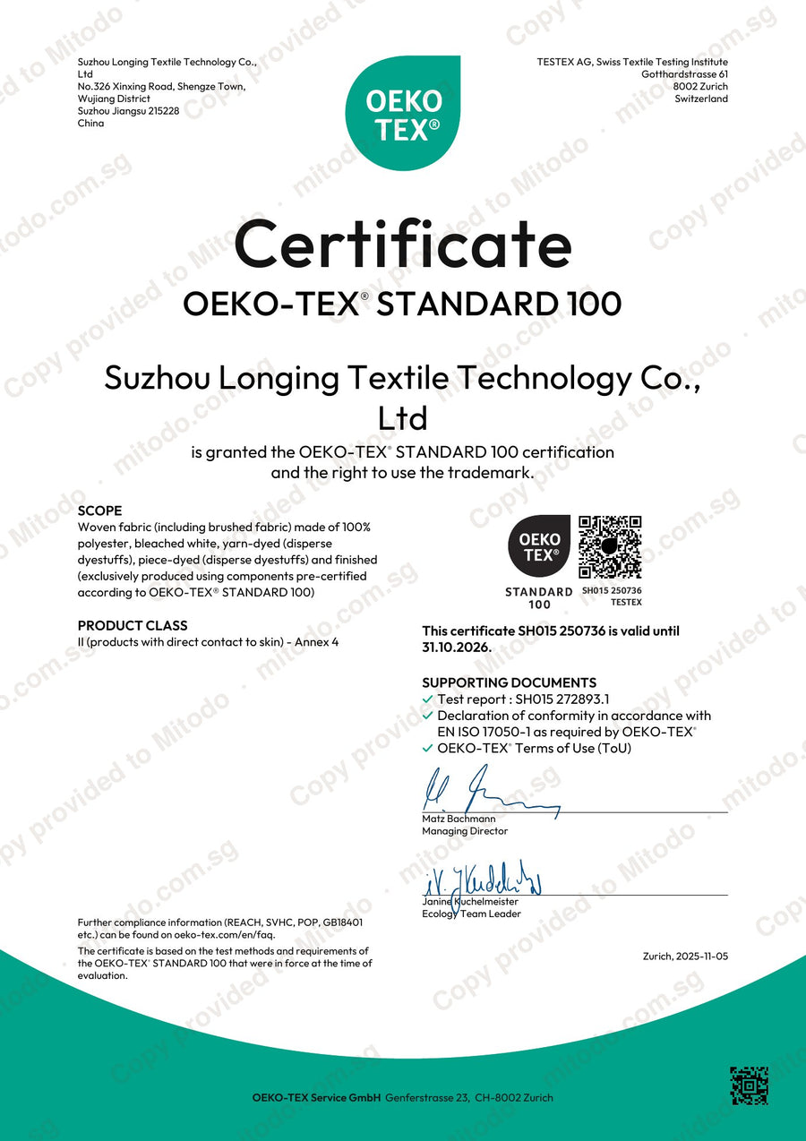 OEKO-TEX STANDARD 100 certificate SH015 250736 for the Kumo bed's cover fabric (copy provided to Mitodo)