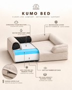 Mitodo Kumo orthopaedic dog bed cutaway in Cream, showing the shredded foam bolsters, water-resistant liner, cooling gel memory foam, high-density support foam, anti-slip rubber-dot base and hidden zipper flap