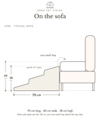 Sora pet stairs beside a typical 45 cm sofa, drawn to scale: 70 cm long and 38 cm high